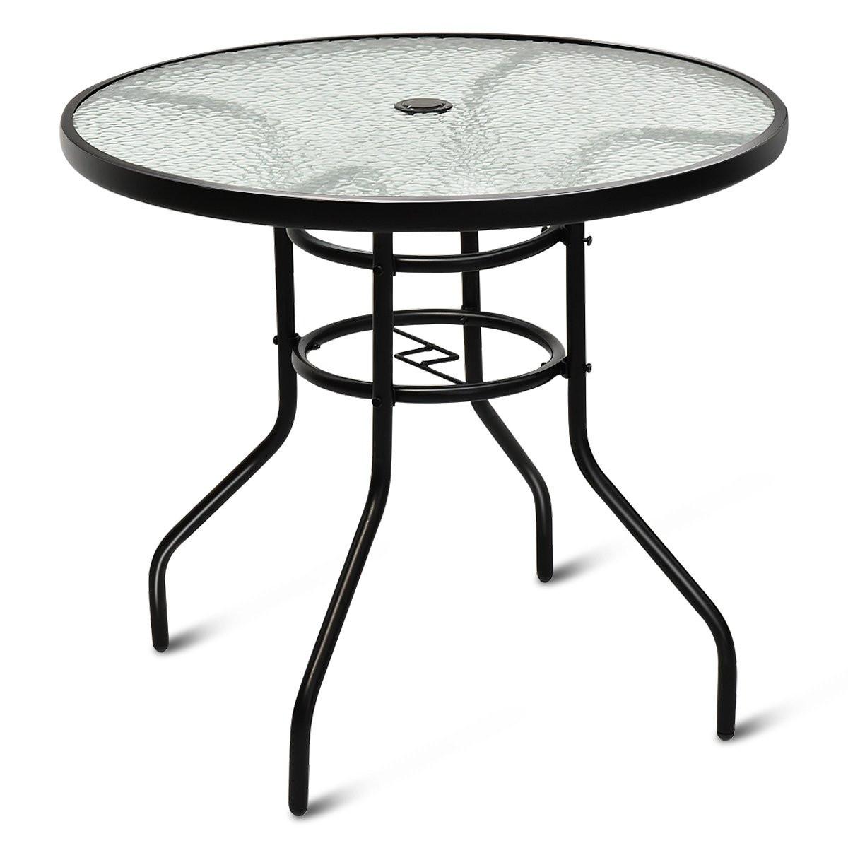 Northix Table de bistro en métal avec trou pour parasol et plateau en verre épaissi table de jardin table en verre noir  