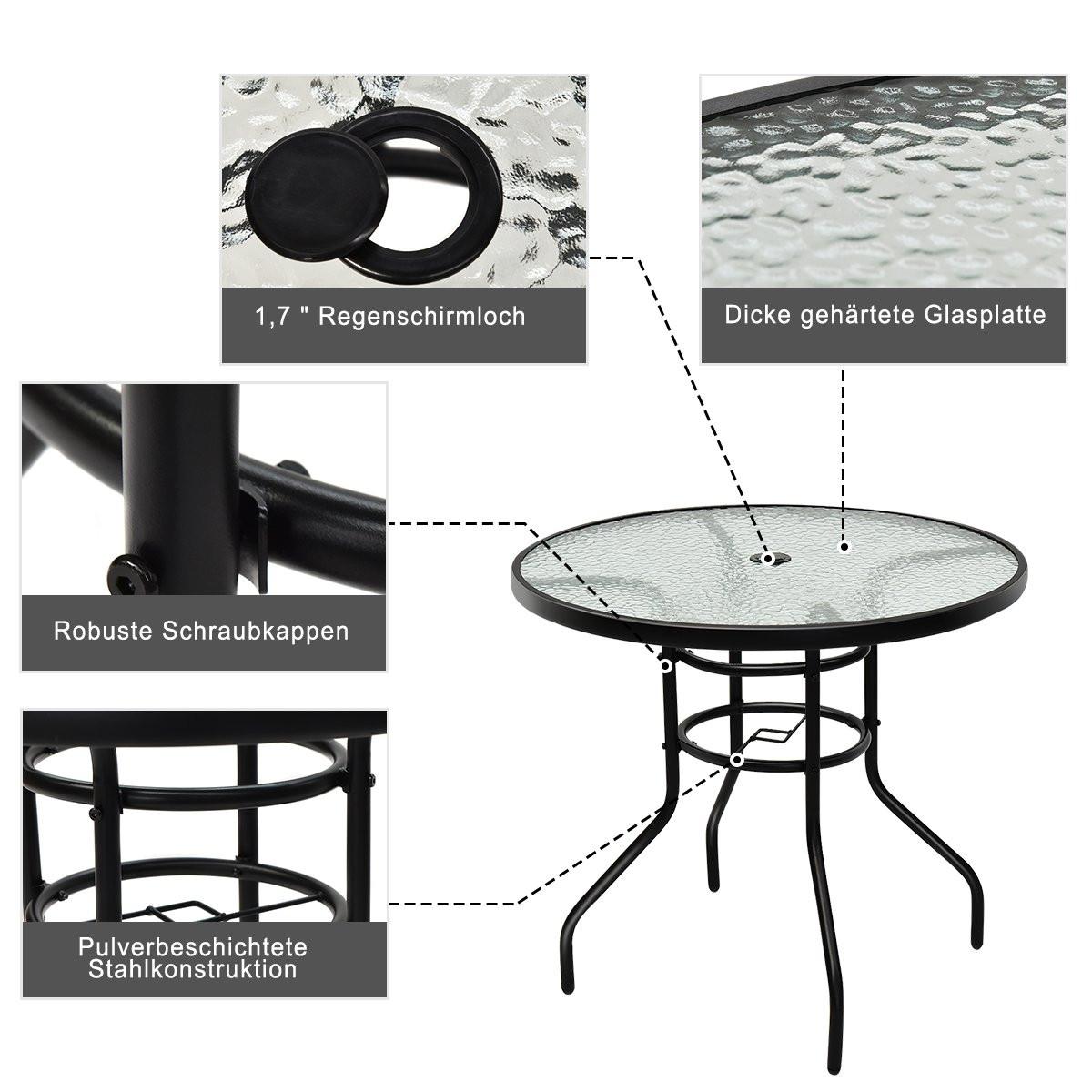 Northix Table de bistro en métal avec trou pour parasol et plateau en verre épaissi table de jardin table en verre noir  