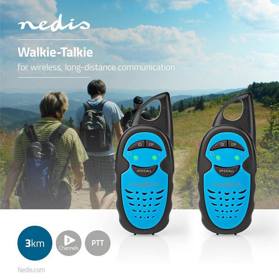 Nedis  Walkie-Talkie-Set | 2 Handeinheiten | Bis zu 3 km | Frequenzkanäle: 3 | Ptt | Bis zu 3 Stunden | Blau Schwarz 