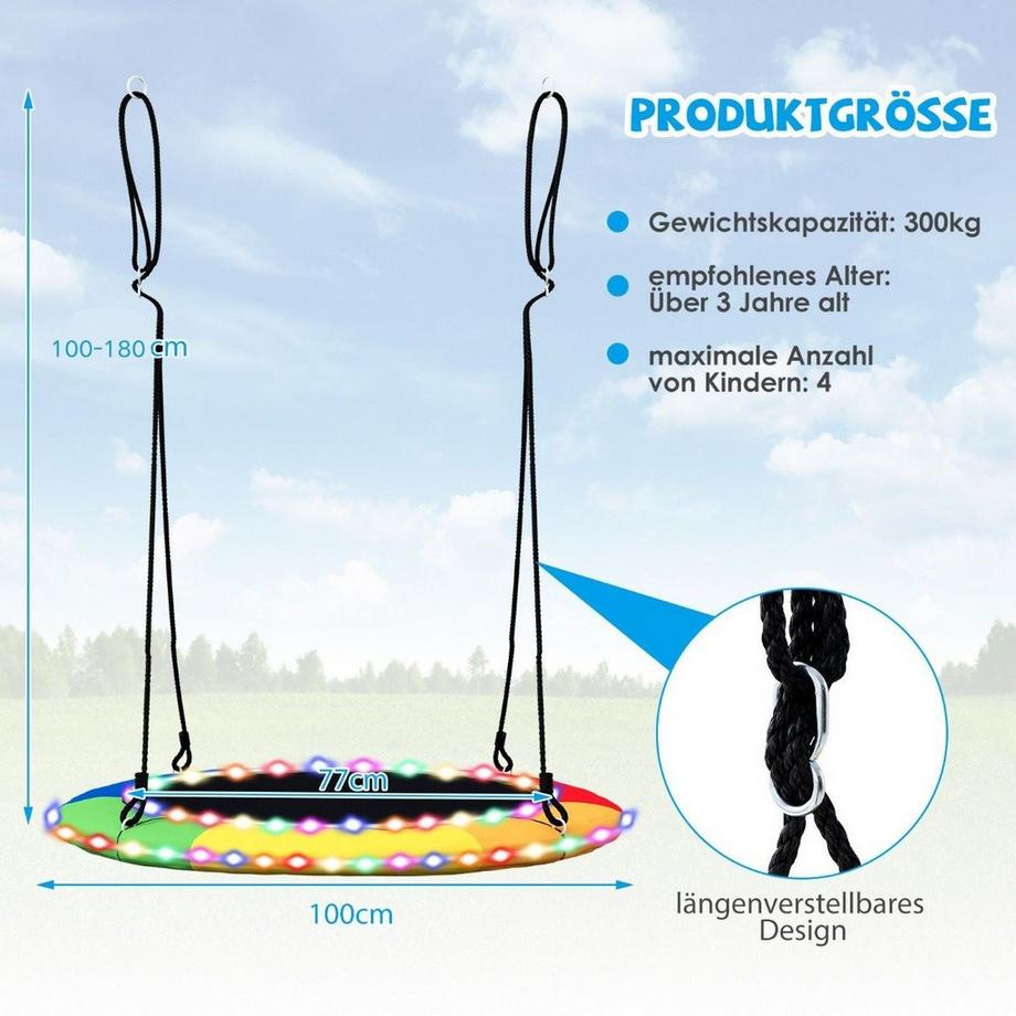 Northix  Untertassenschaukel mit 100 cm Durchmesser bis 300kg belastbar LED-Schaukel für Kinder & Erwachsene Regenbogenfarbe 