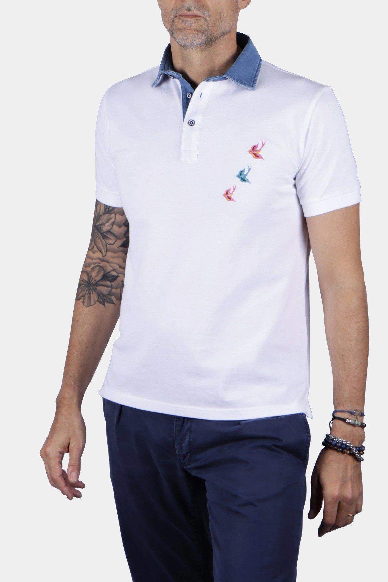 Image of Kurzarm-poloshirt Mit Vogelstickerei Unisex Weiss L