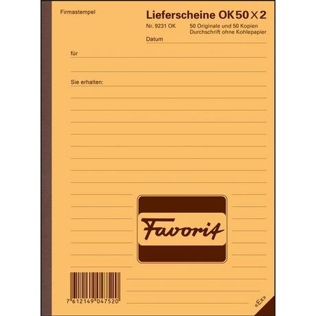 Favorit FAVORIT Formularbuch Lieferscheine A5 9231 OK Durchschreibepapier 50x2 Blatt  