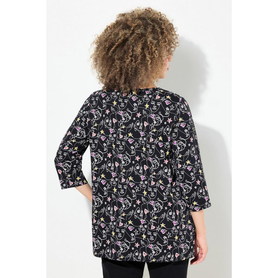 Ulla Popken V-Ausschnitt Dreiviertelarm T-Shirt mit Scribble-Herz Muster  