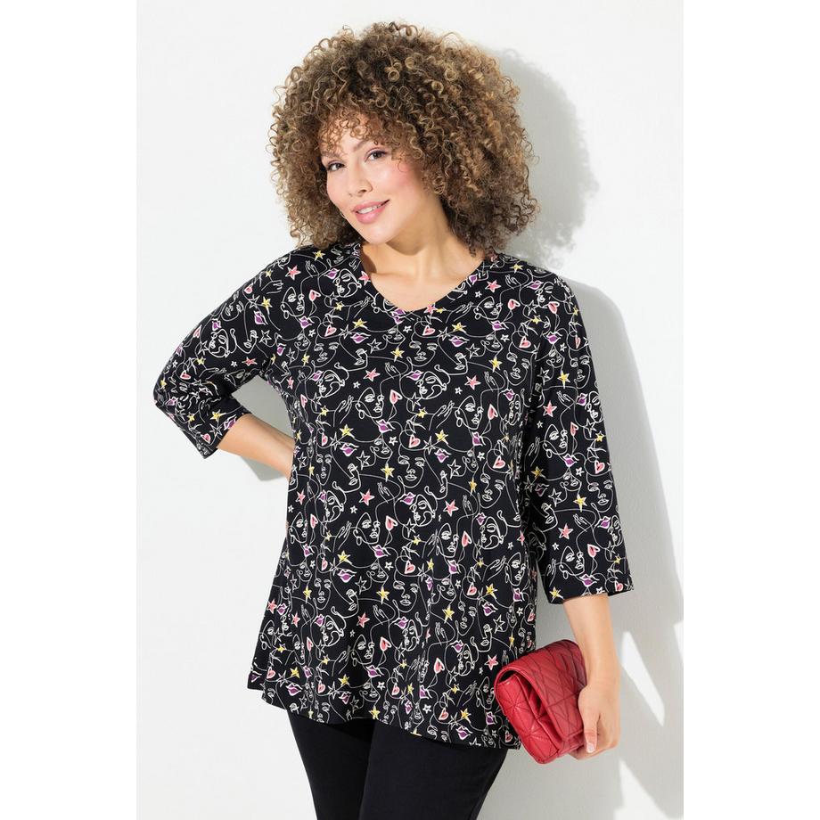 Ulla Popken V-Ausschnitt Dreiviertelarm T-Shirt mit Scribble-Herz Muster  