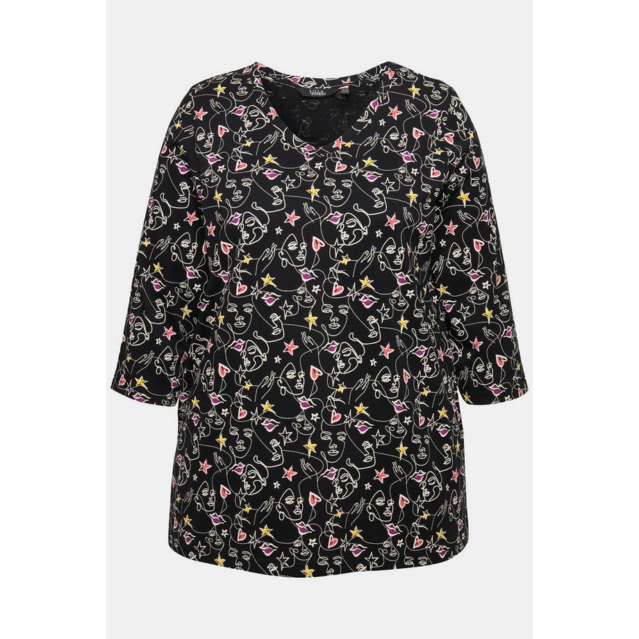 Ulla Popken V-Ausschnitt Dreiviertelarm T-Shirt mit Scribble-Herz Muster  