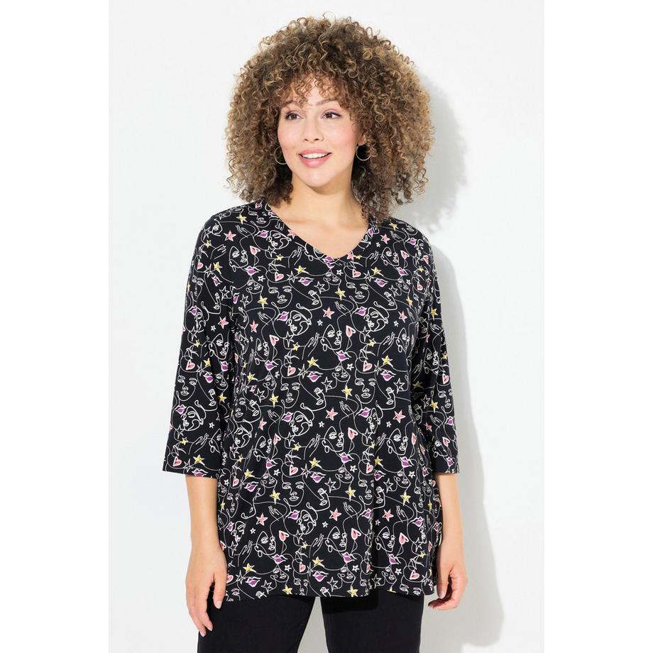 Ulla Popken V-Ausschnitt Dreiviertelarm T-Shirt mit Scribble-Herz Muster  