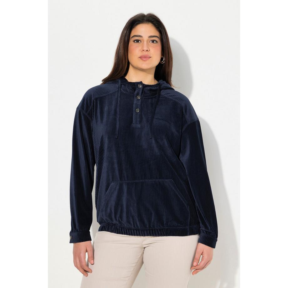 Ulla Popken Sweat-shirt à capuche en velours côtelé oversize manches longues avec bordure élastique  