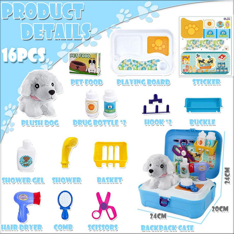 Activity-board  Jouets vétérinaires pour enfants 16 pièces pour toilettage et alimentation pour chiens étui pour docteur obtenez un sac à dos et un jeu de rôle pour chien en peluche 