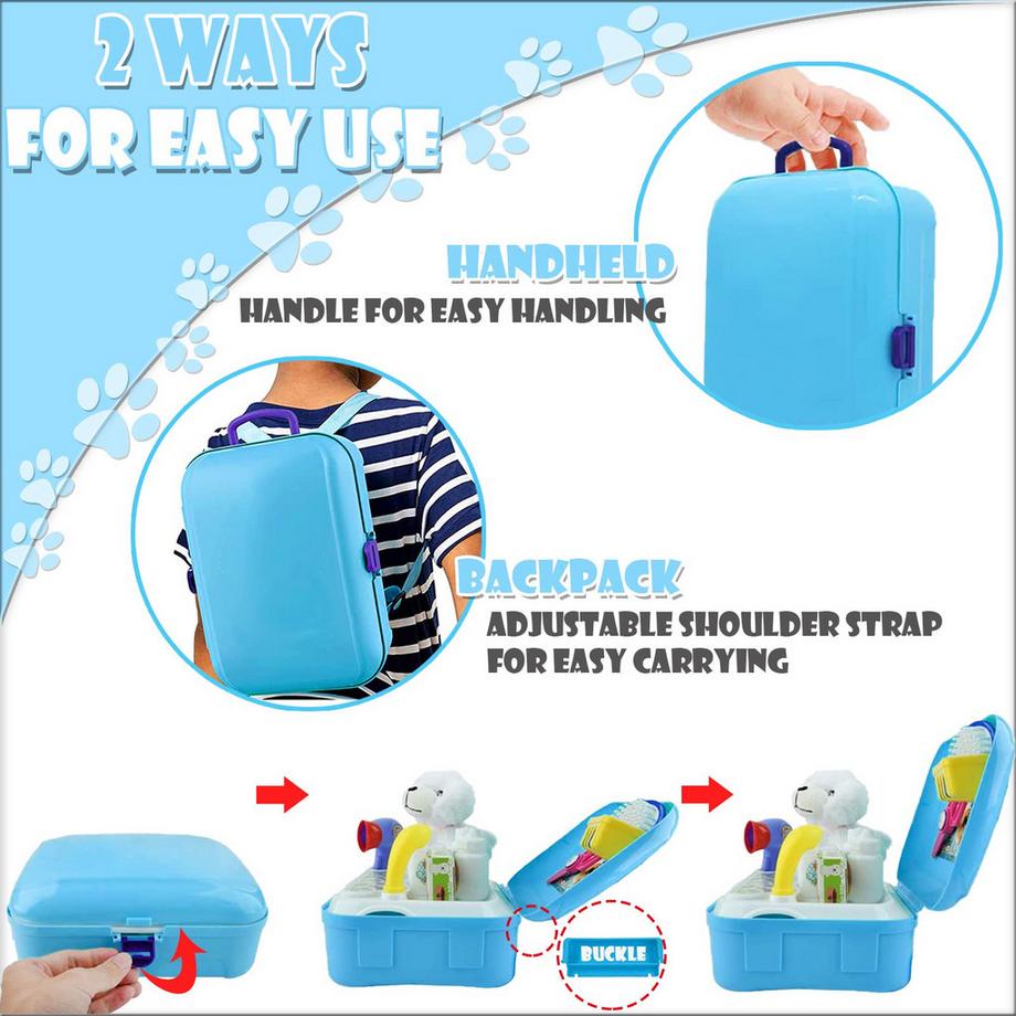Activity-board  Jouets vétérinaires pour enfants 16 pièces pour toilettage et alimentation pour chiens étui pour docteur obtenez un sac à dos et un jeu de rôle pour chien en peluche 