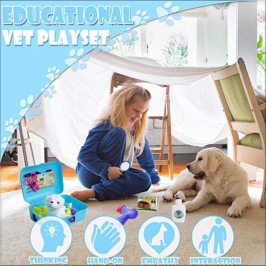 Activity-board  Jouets vétérinaires pour enfants 16 pièces pour toilettage et alimentation pour chiens étui pour docteur obtenez un sac à dos et un jeu de rôle pour chien en peluche 