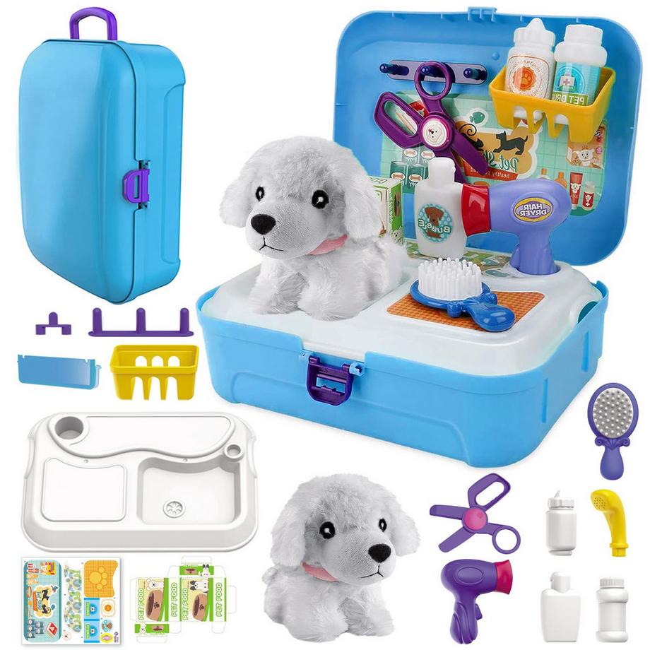 Activity-board  Jouets vétérinaires pour enfants 16 pièces pour toilettage et alimentation pour chiens étui pour docteur obtenez un sac à dos et un jeu de rôle pour chien en peluche 