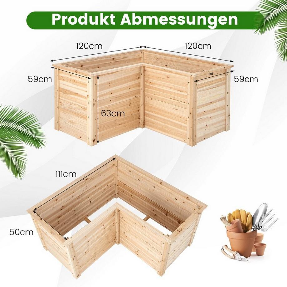 Northix Hochbeet Holz Pflanzkasten für Balkon Garten Terrasse Kräuterbeet Blumenkasten 120 x 120 x 63 cm Natur  