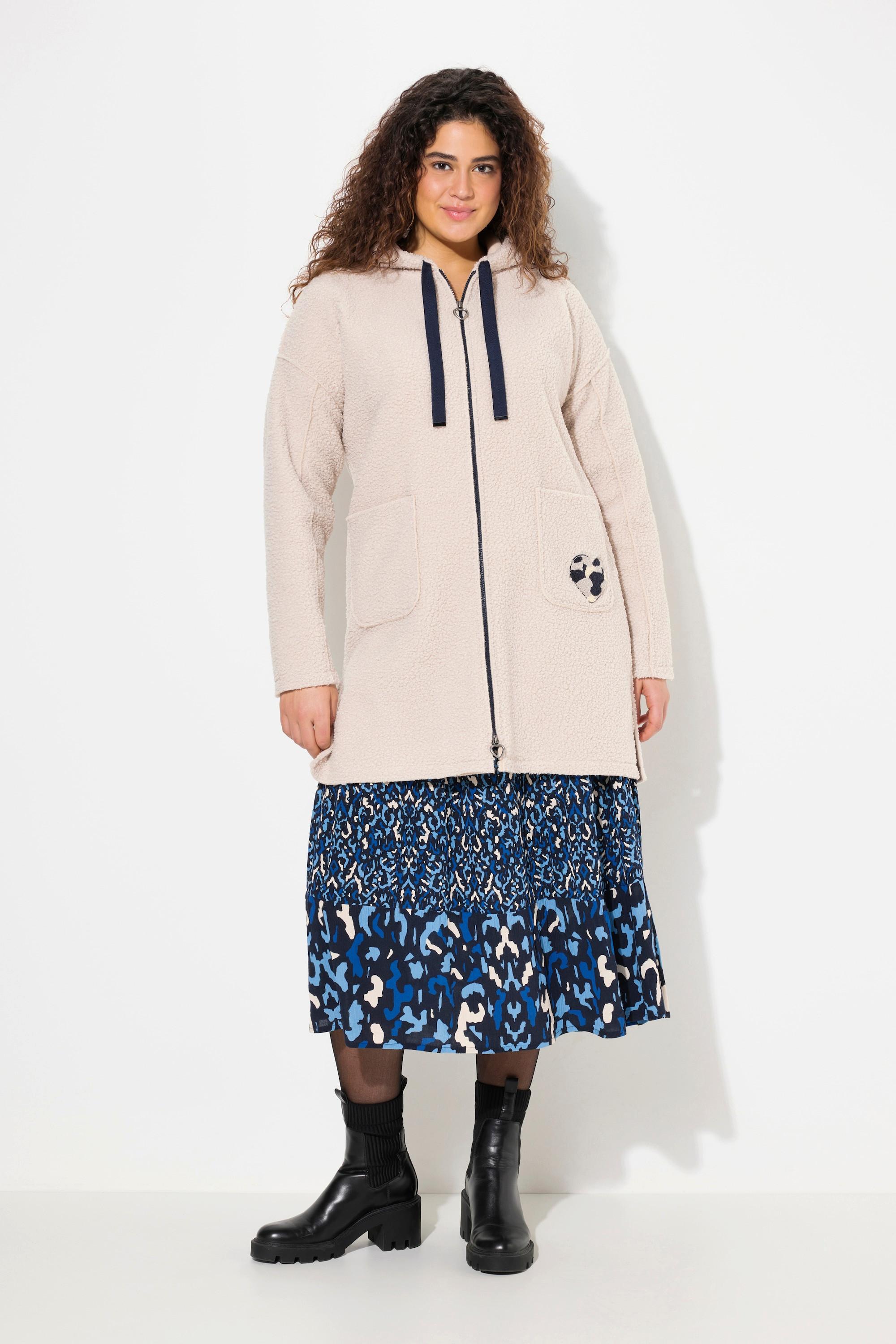 Ulla Popken Giacca Lunga Teddy Cuore Oversize Cappuccio  