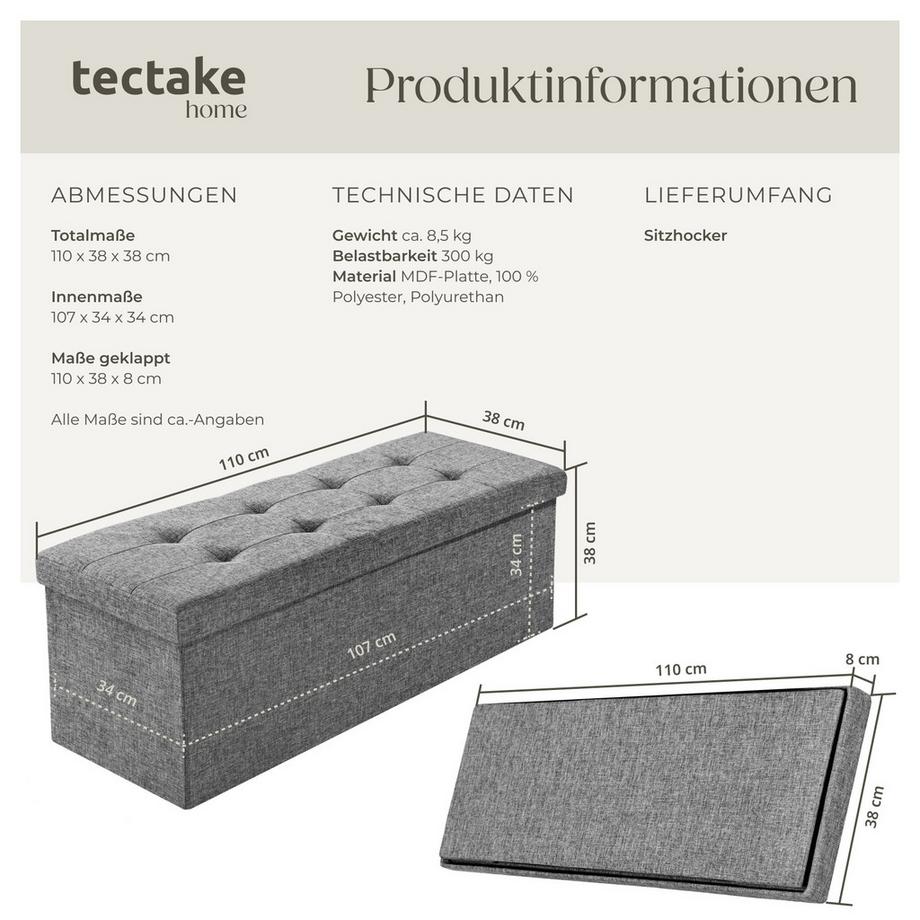 Tectake Sitzhocker mit Stauraum  faltbar 110 x 38 x 38 cm  