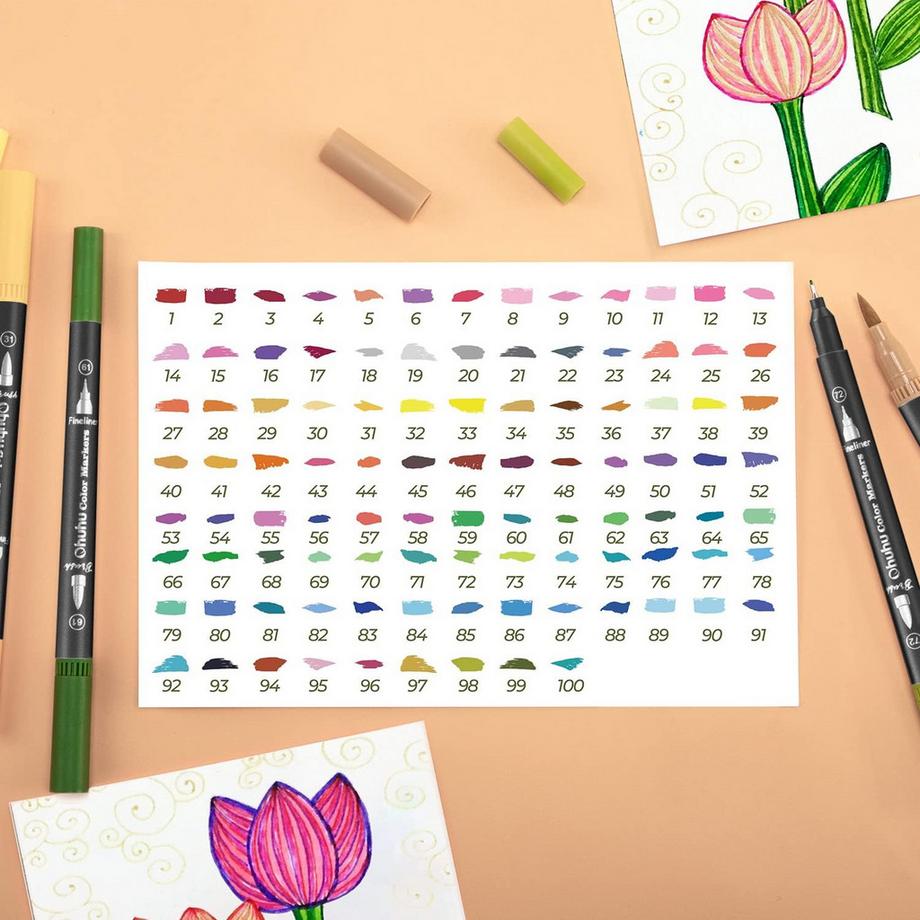 Ohuhu  Maui Serie Pinselstifte (wasserbasis, doppelseitig) - 100 Farben 