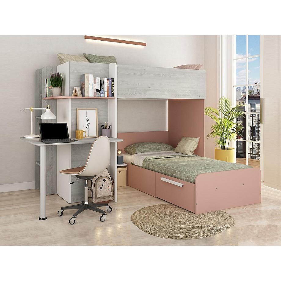 Vente-unique Letto a castello ad angolo con Scrivania 2 x 90 x 190 cm Grigio, Bianco e Rosa - SAMUEL  