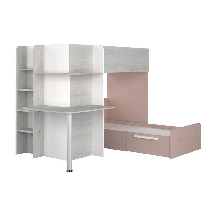 Vente-unique Letto a castello ad angolo con Scrivania 2 x 90 x 190 cm Grigio, Bianco e Rosa - SAMUEL  