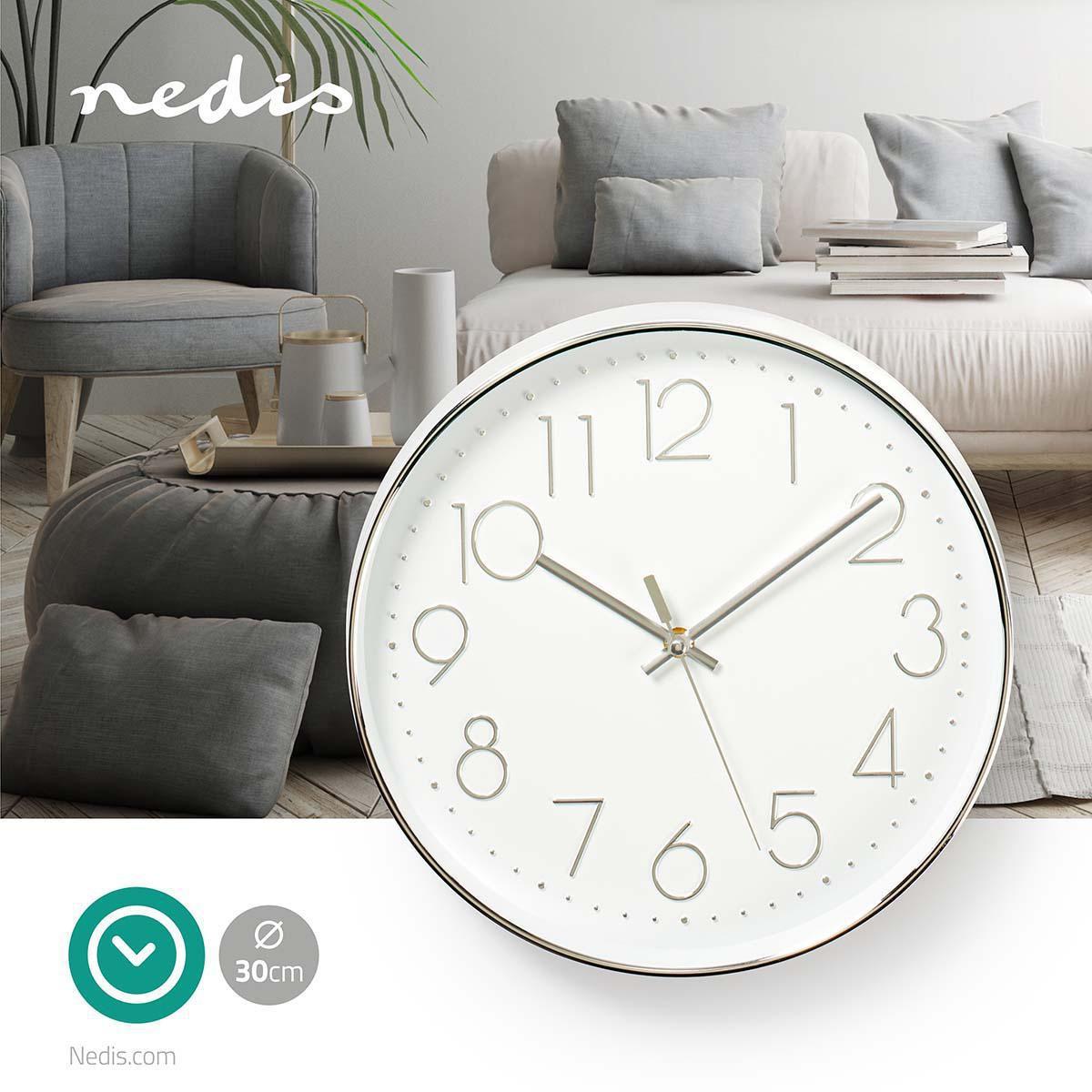Nedis Horloge murale | Diamètre : 300 mm | Plastique | Argent / Blanc  