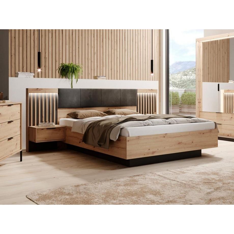Vente-unique Letto con contenitore con comodini 160 x 200 cm con LED Naturale e Nero - ARIADA  
