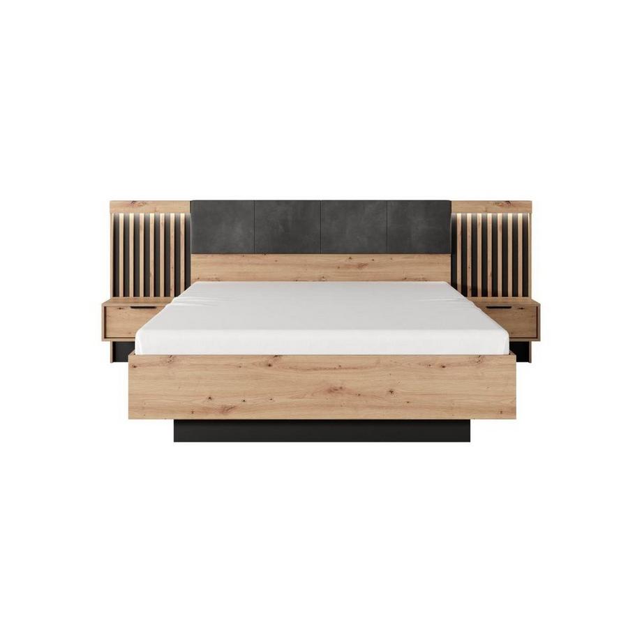 Vente-unique Letto con contenitore con comodini 160 x 200 cm con LED Naturale e Nero - ARIADA  