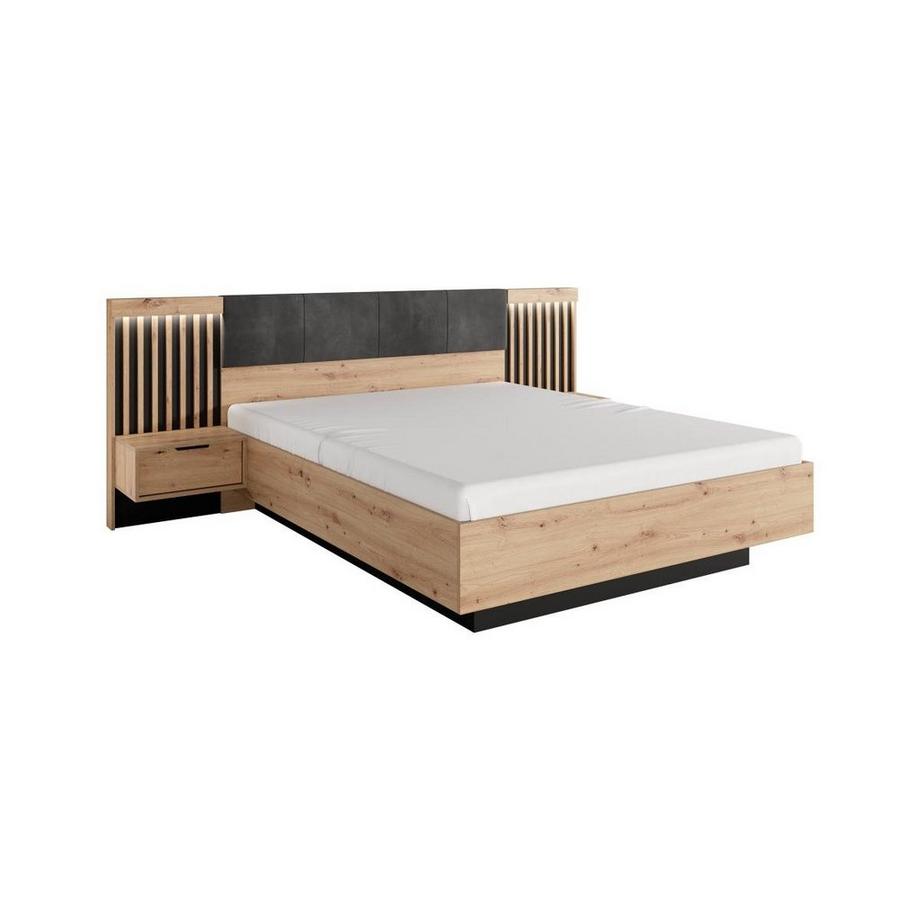 Vente-unique Letto con contenitore con comodini 160 x 200 cm con LED Naturale e Nero - ARIADA  