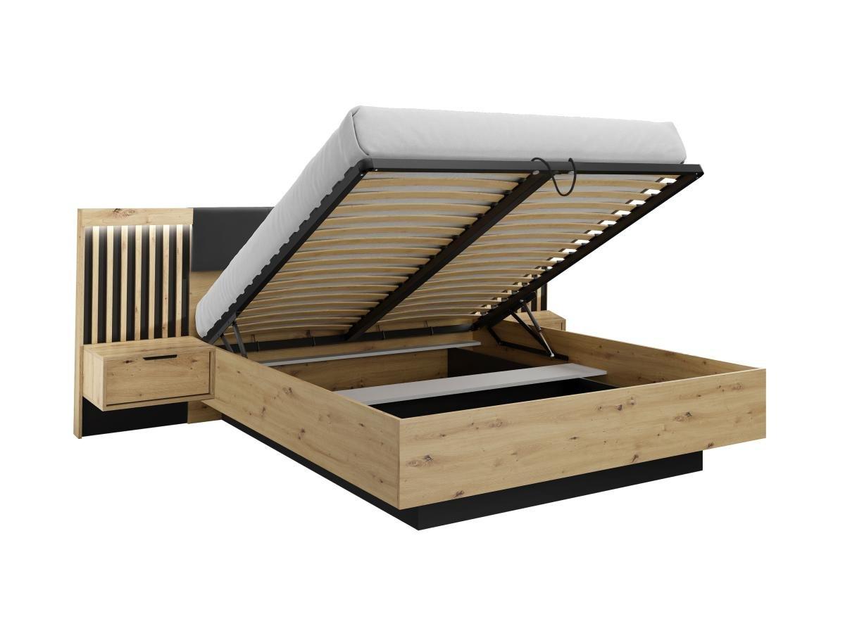 Image of Bett mit Bettkasten - mit Nachttischen & LED-Beleuchtung - 160 x 200 cm - Holzfarben & Schwarz - ARIADA Bett mit Bettkasten - mit Nachttischen & LED-Beleuchtung - 160 x 200 cm - Holzfarben & Schwarz - ARIADA