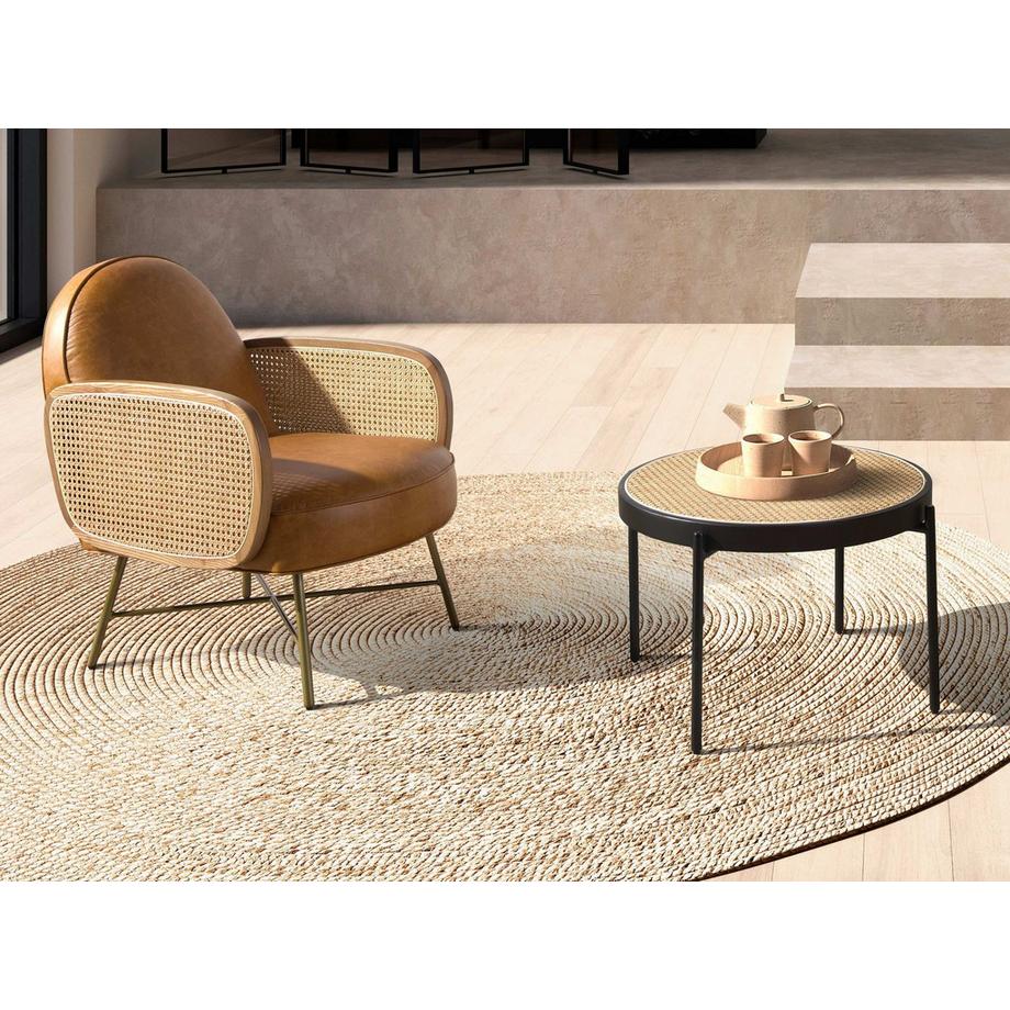 ANGEL CERDA Table basse ronde en rotin, bois noir et acier noir  