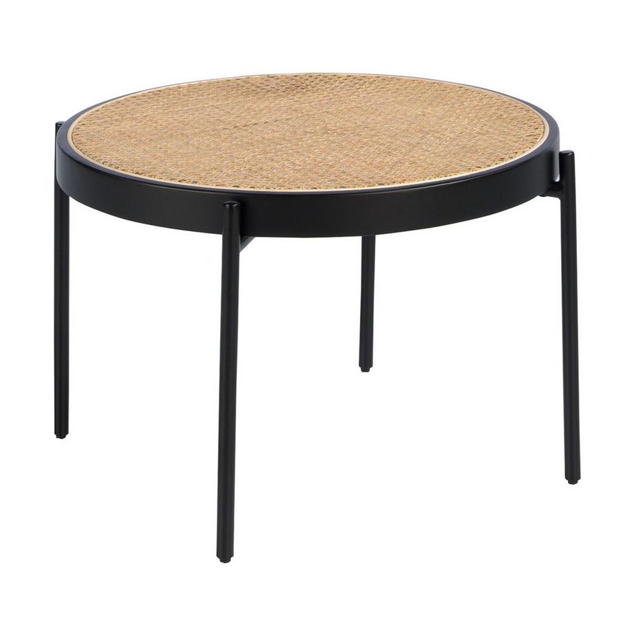 Table basse ronde en rotin, bois noir et acier noir