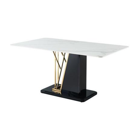 Vente-unique Table à manger 6 personnes en céramique et MDF - Effet marbre blanc, doré et noir laqué - BALLARAT  