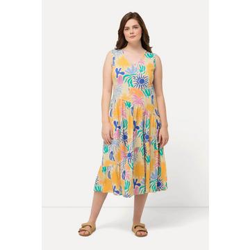 Robe midi en coton bio avec col V et motif soleils, sans manches