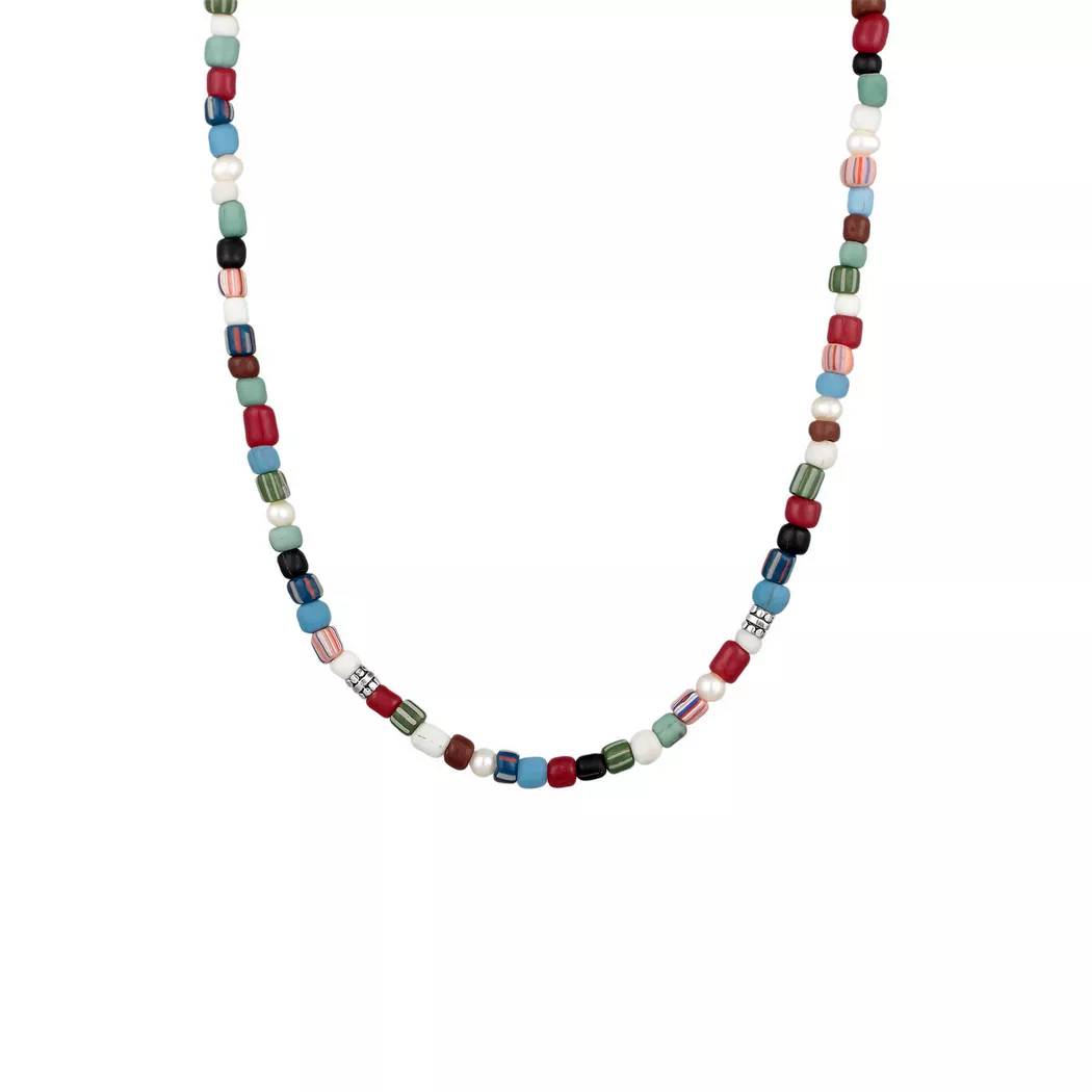 Kuzzoi - Halskette Glas Beads Bunt Süßwasserzuchtperlen 925 Silber, 50 CM