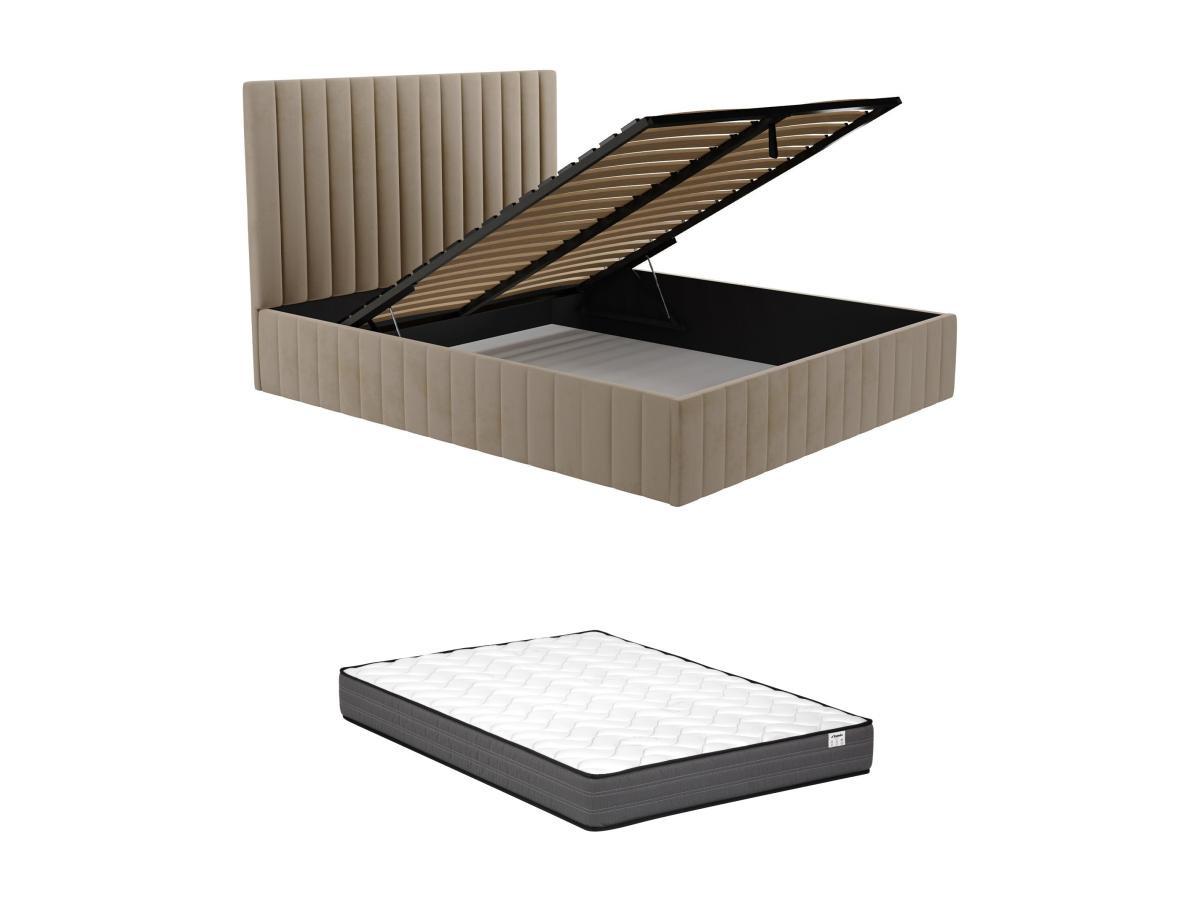 Image of Bett mit Bettkasten + Matratze - 140 x 190 cm - Bett-Kopfteil mit vertikalen Ziernähten - Samt - Taupe - LARALI von Pascal Morabito Bett mit Bettkasten + Matratze - 140 x 190 cm - Bett-Kopfteil mit vertikalen Ziernähten - Samt - Taupe - LARALI von Pascal 