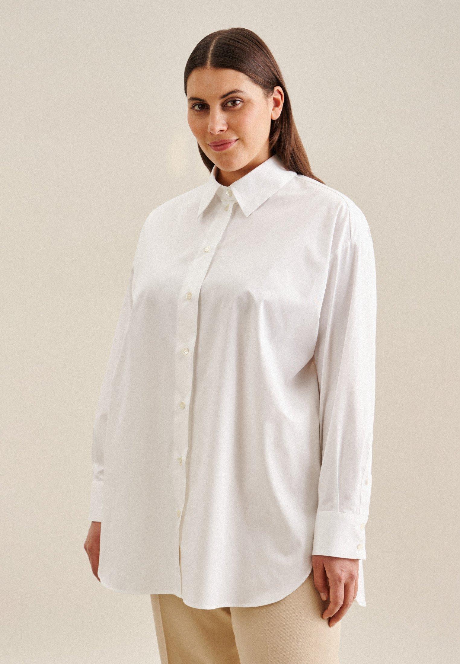 Image of Longbluse Uni Langarm Kragen Damen Weiss 48