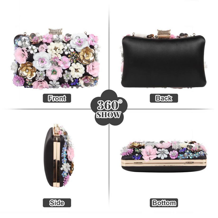 Only-bags.store Pochette de Soirée Florale avec Fleurs Colorées Métal Strass  