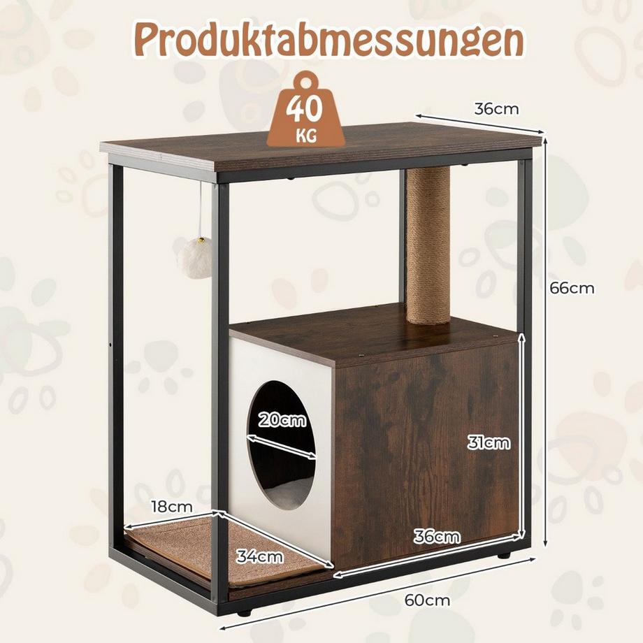 Northix  Cuccia per gatti 3 in 1, tiragraffi e tavolino, cuccia per gatti con tappetino tiragraffi rimovibile e palla marrone 