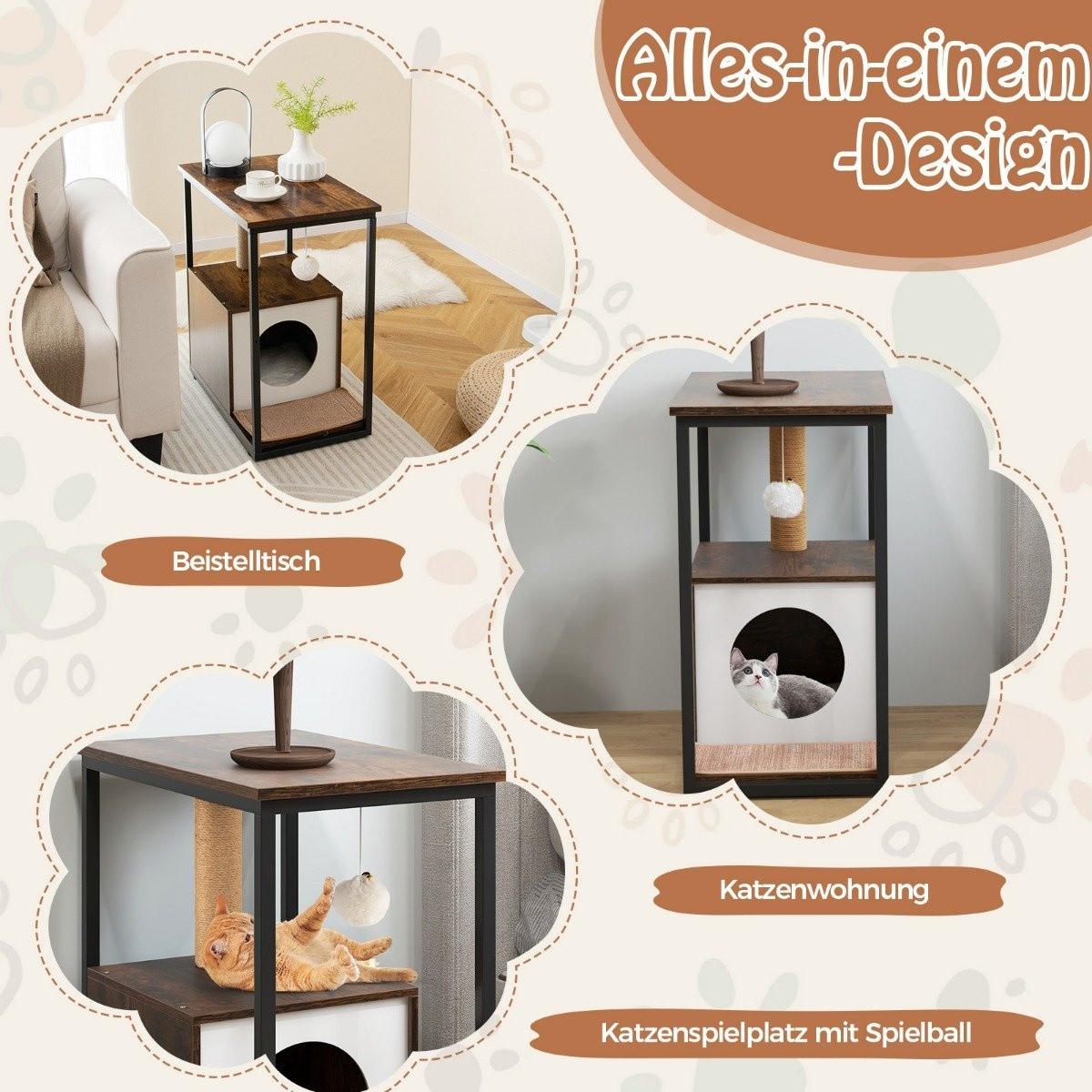 Northix  Cuccia per gatti 3 in 1, tiragraffi e tavolino, cuccia per gatti con tappetino tiragraffi rimovibile e palla marrone 