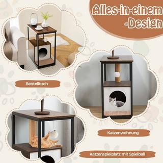 Northix  Cuccia per gatti 3 in 1, tiragraffi e tavolino, cuccia per gatti con tappetino tiragraffi rimovibile e palla marrone 
