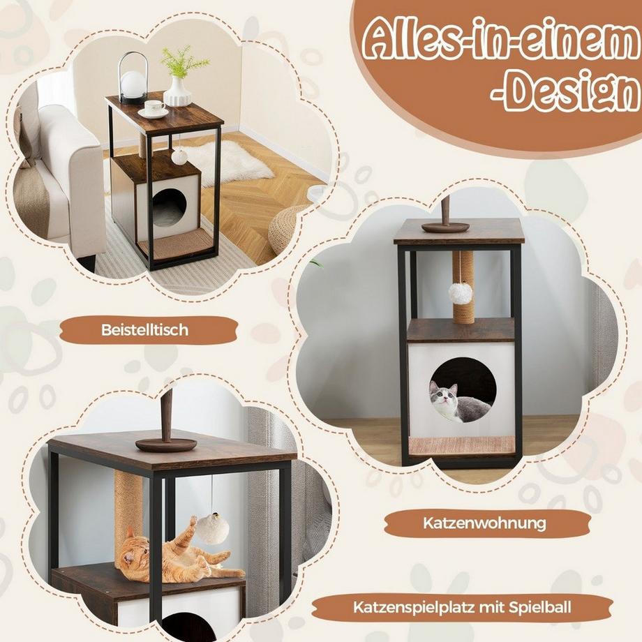 Northix  Cuccia per gatti 3 in 1, tiragraffi e tavolino, cuccia per gatti con tappetino tiragraffi rimovibile e palla marrone 