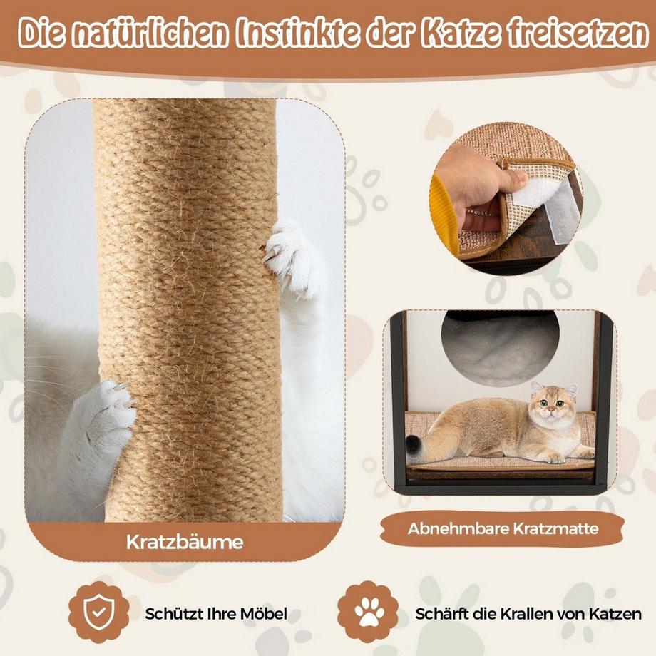 Northix  Cuccia per gatti 3 in 1, tiragraffi e tavolino, cuccia per gatti con tappetino tiragraffi rimovibile e palla marrone 