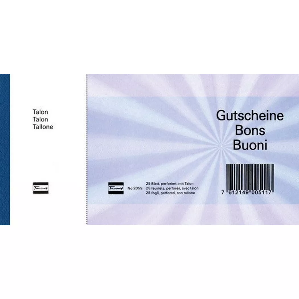 Favorit -  Geschenk-Gutscheine D/F/I 2059blau blau,20.5x10.5cm,Block à 25Bl., DIN A4