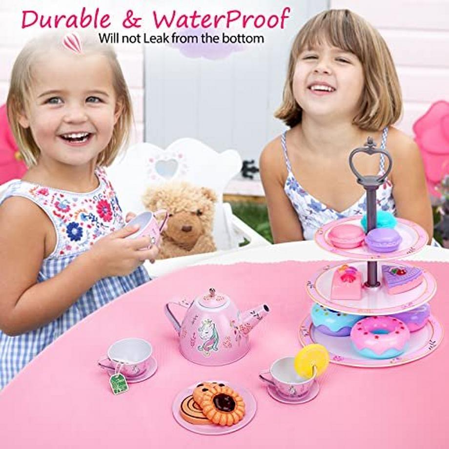 Activity-board  36 Stück Kinderteeset, Spielzeugkoffer, Teeparty-Rollenspiel für kleine Mädchen, Zinnteeset mit Teefilterbeuteln und Zitronenscheiben, 13 Stück Dessertspielzeug für Kinder (Einhorn) 