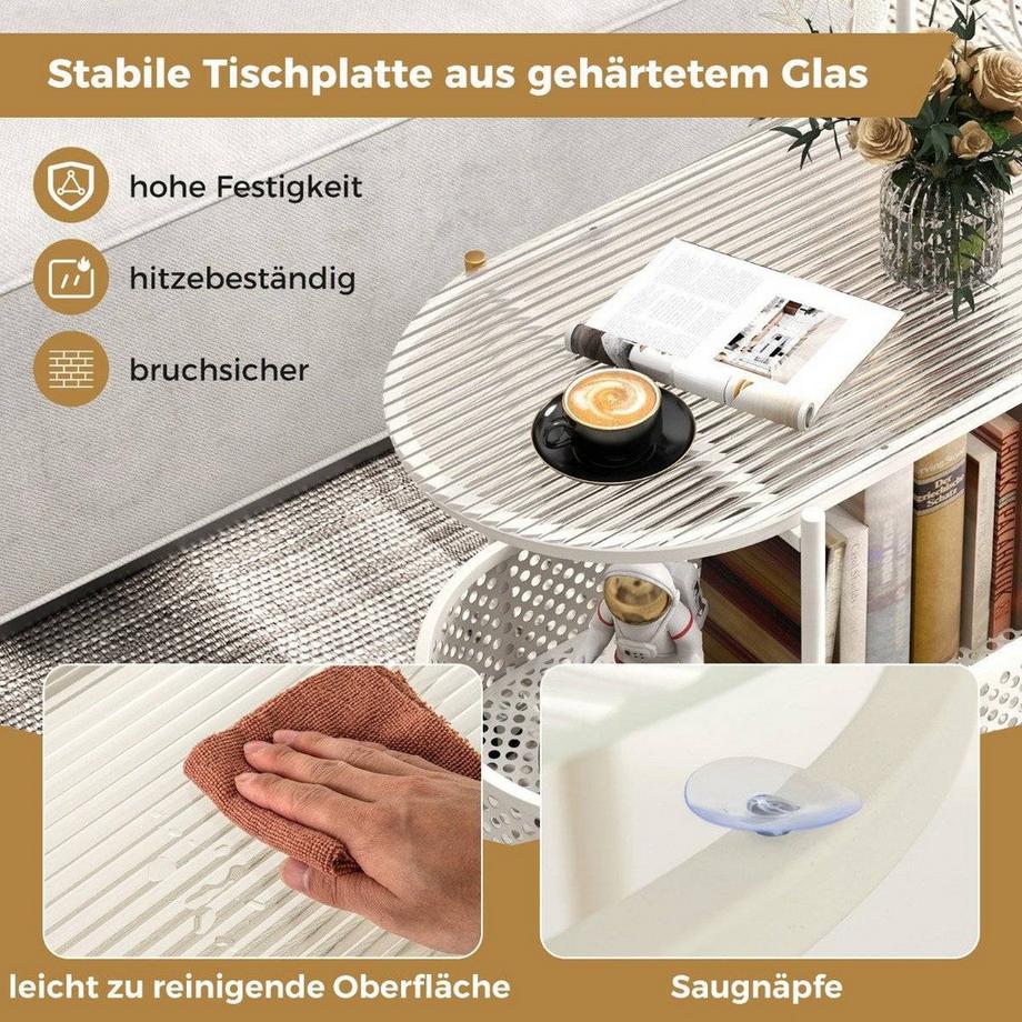 B2X Beistelltisch Glas mit Rollen 2-stufiger Glastisch mit Bärenmuster  