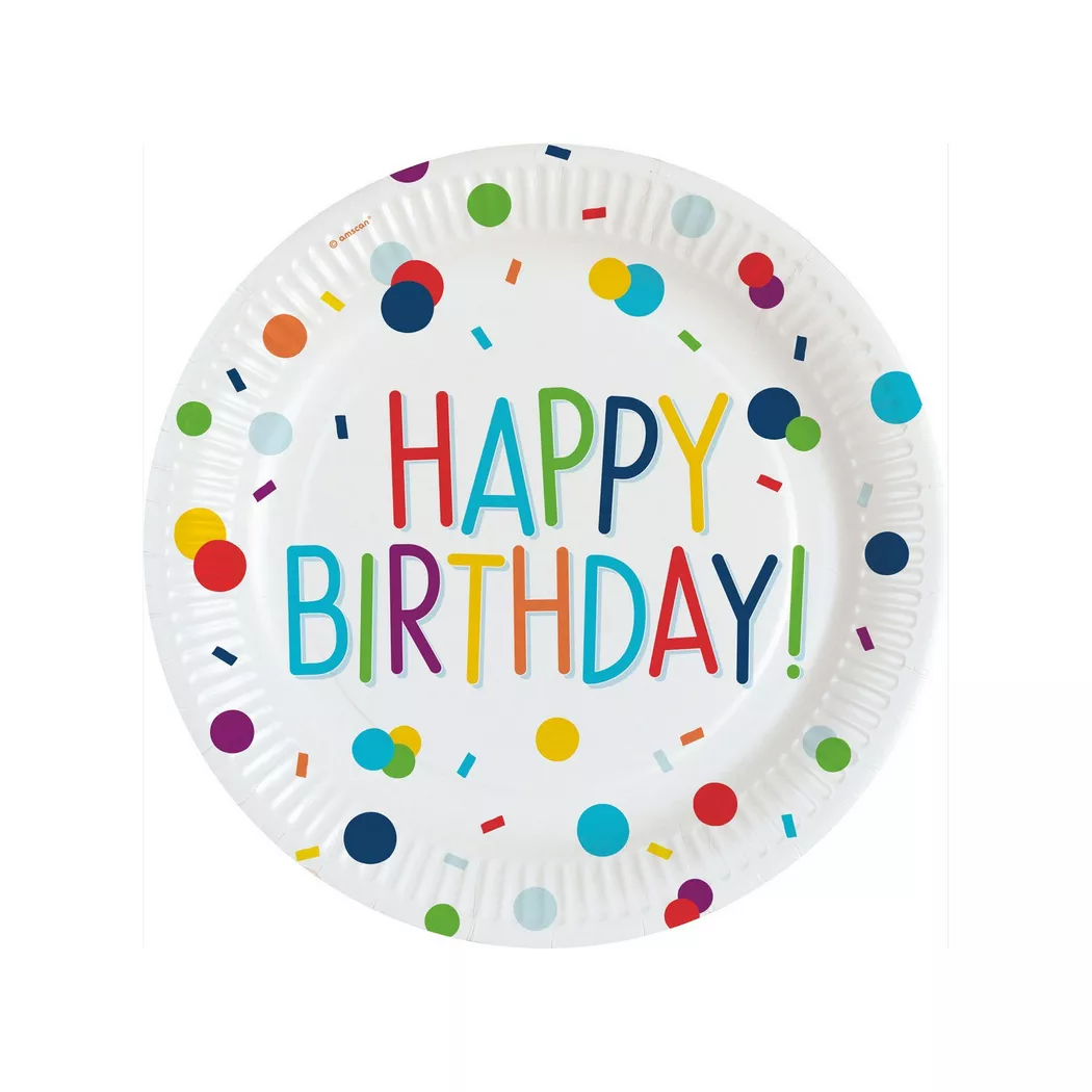 Amscan - Konfetti WegwerfTeller, Papier, Happy Birthday 8erPack, One Size, Multicolor