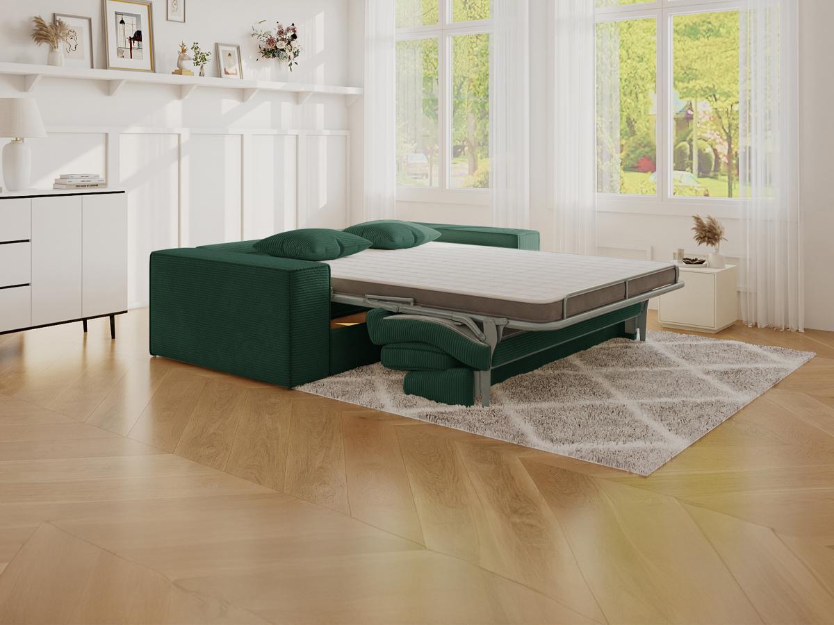 Vente-unique Canapé 3 places convertible express en velours côtelé vert sapin - Couchage 140 cm - Matelas 14 cm avec mémoire de forme - AMELIA  