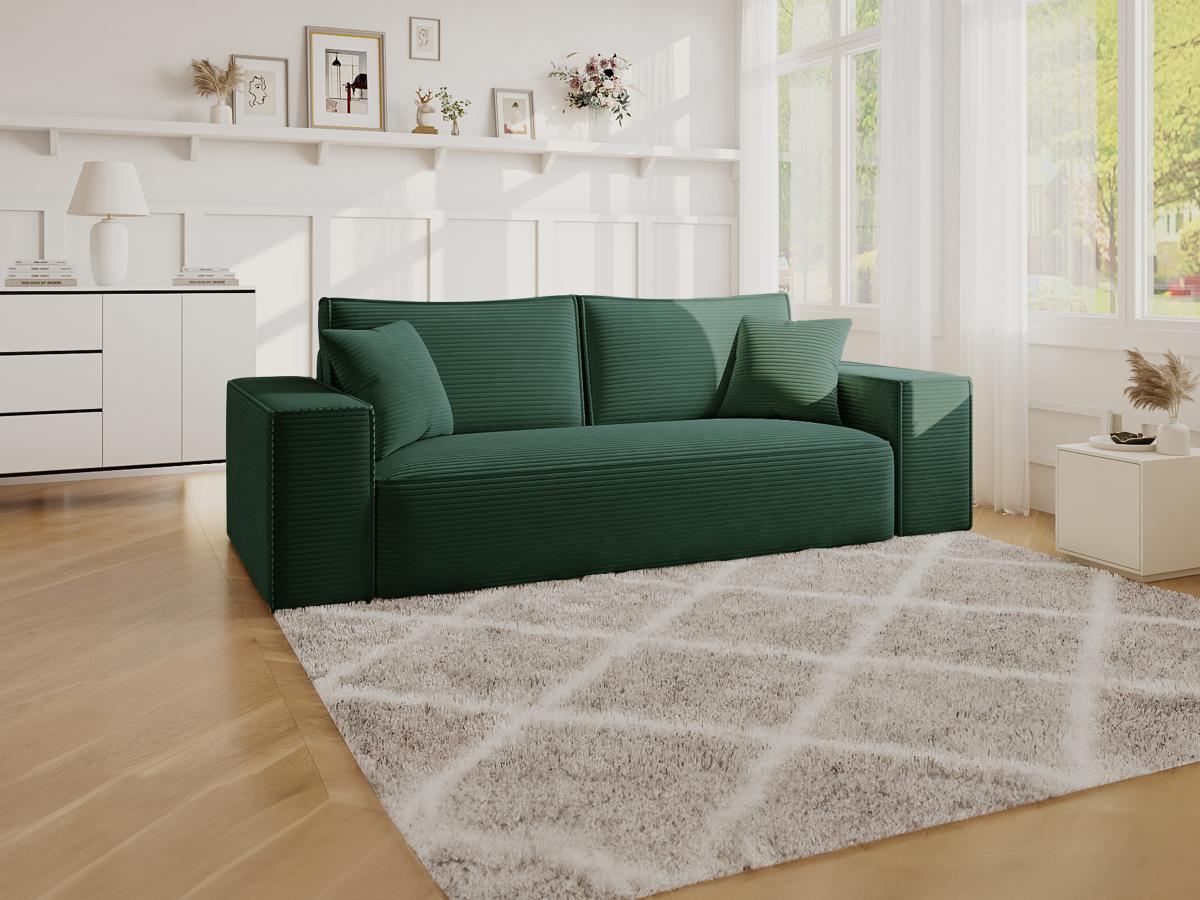 Vente-unique Canapé 3 places convertible express en velours côtelé vert sapin - Couchage 140 cm - Matelas 14 cm avec mémoire de forme - AMELIA  