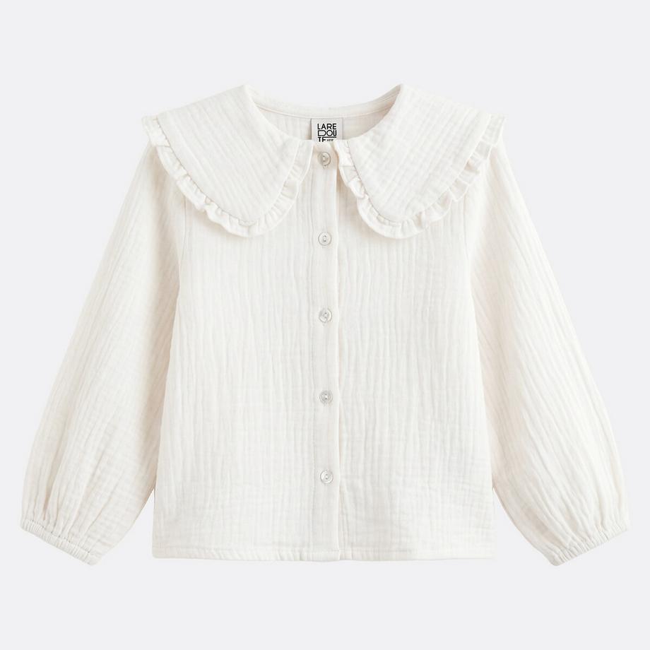 Langärmelige Bluse mit gerüschtem Claudine-Kragen aus Baumwoll-Gaze