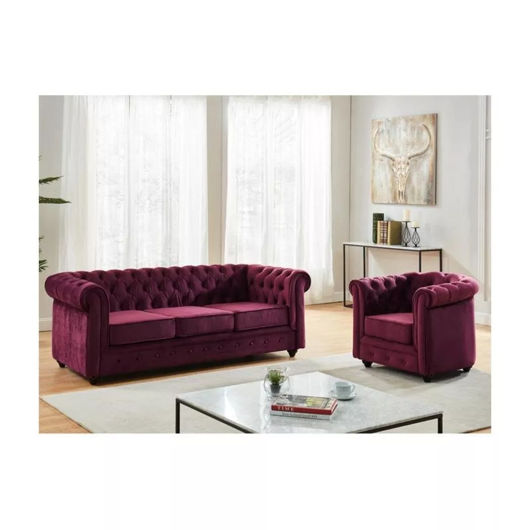 Vente-unique - Couchgarnitur 3+1 - Samt - Pflaumenfarben - CHESTERFIELD, One Size, Bordeaux