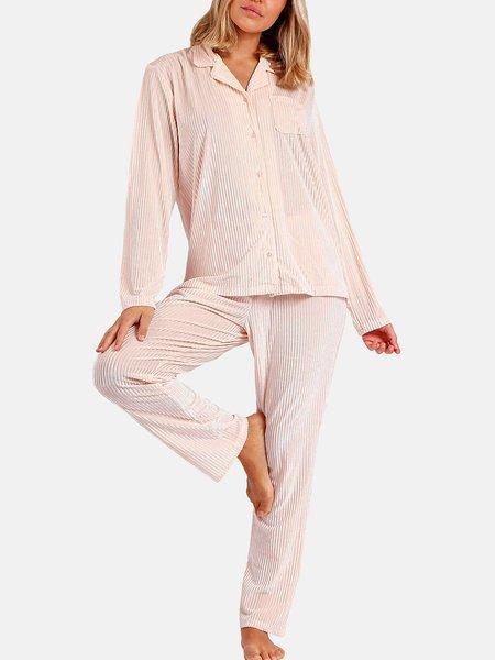 Image of Samt Pyjama Outfit Hose Hemd Elegant Stripes Unisex Altrosa XL