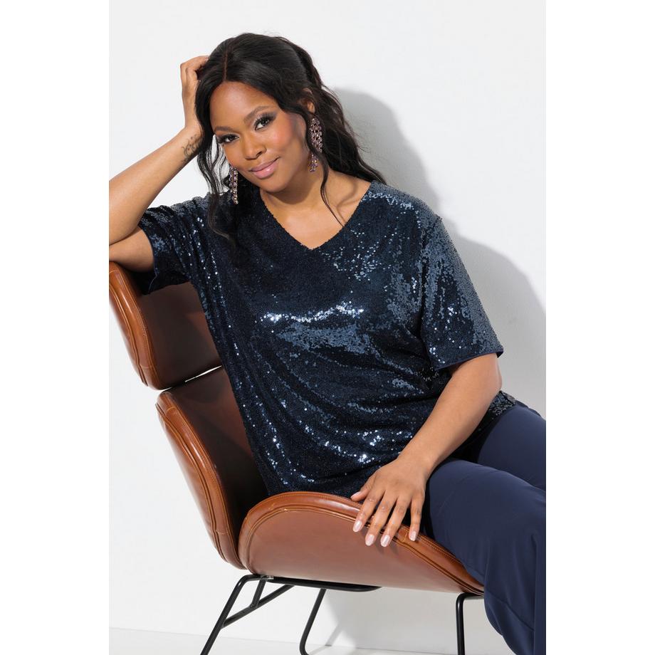 Ulla Popken Maglia Paillettes Scollo a V Mezze Maniche  