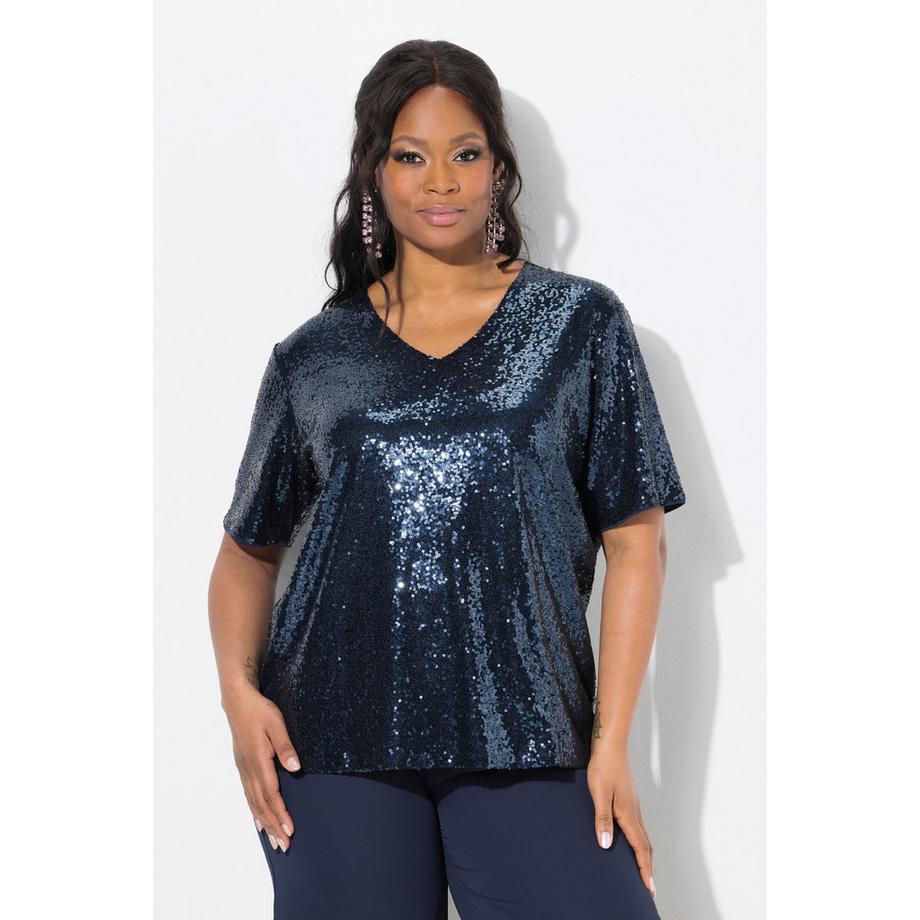 Ulla Popken Maglia Paillettes Scollo a V Mezze Maniche  